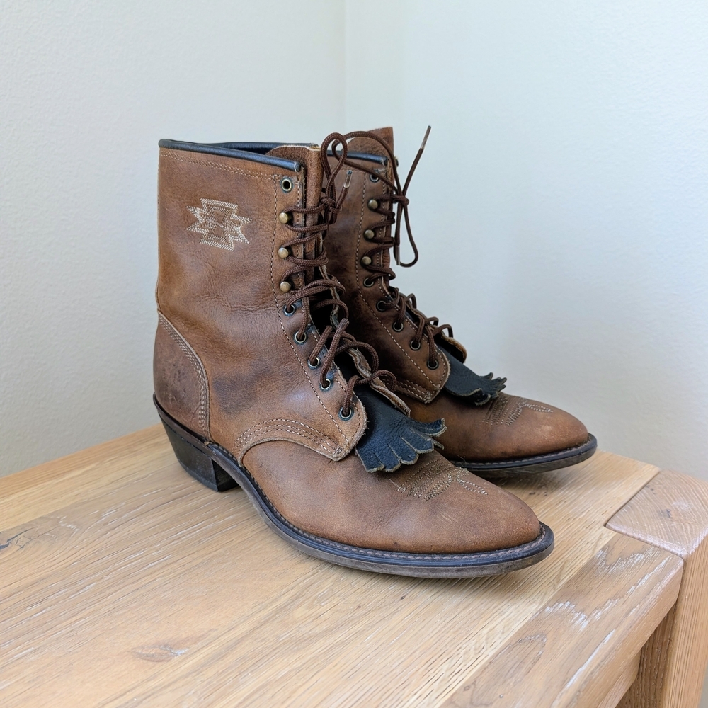 Vintage 80's Leather Southwestern Lace Up Fringe Chunky Heel Boots - 8.5